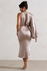 Taupe Satin One-Sleeve Midi Dress
